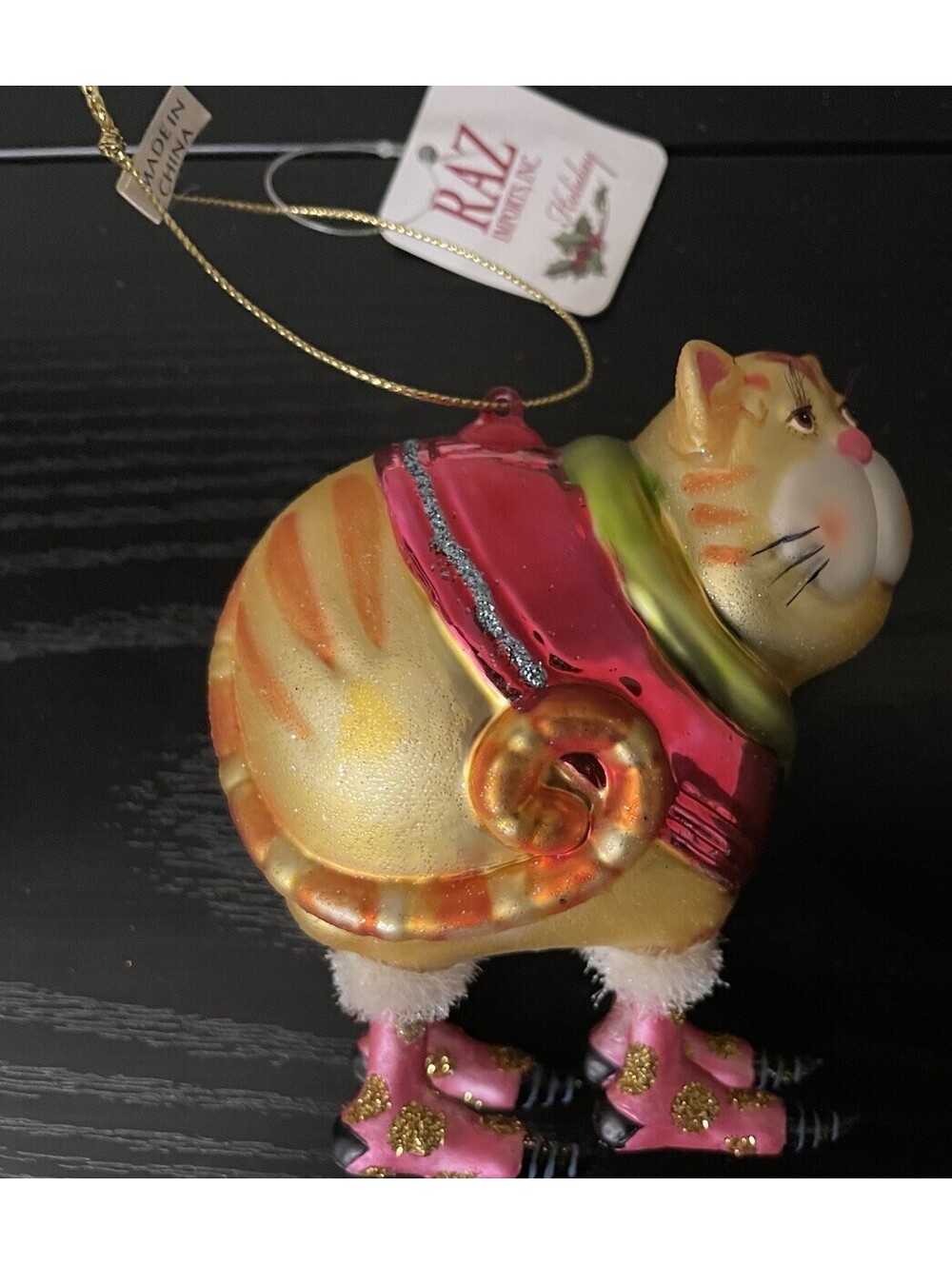 RAZ Imports Orange Ginger Cat Glass Christmas Ornament NWT